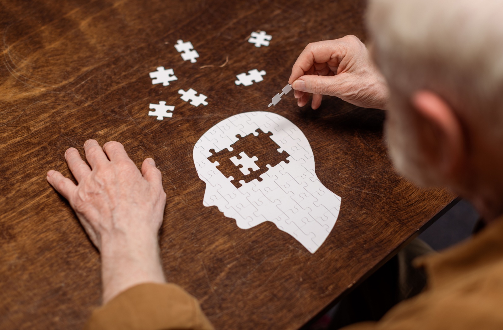 An older adult completing a puzzle of a human head.